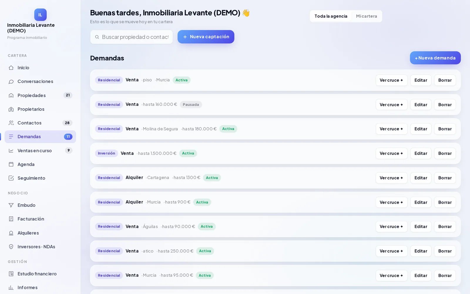 Pantalla de demandas de una inmobiliaria de demostración en InmoCenter