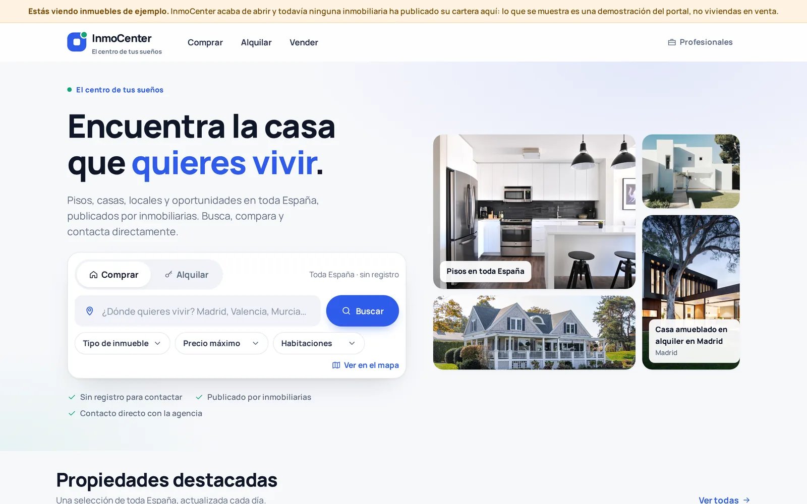 Portada del portal inmobiliario de InmoCenter con buscador y propiedades destacadas