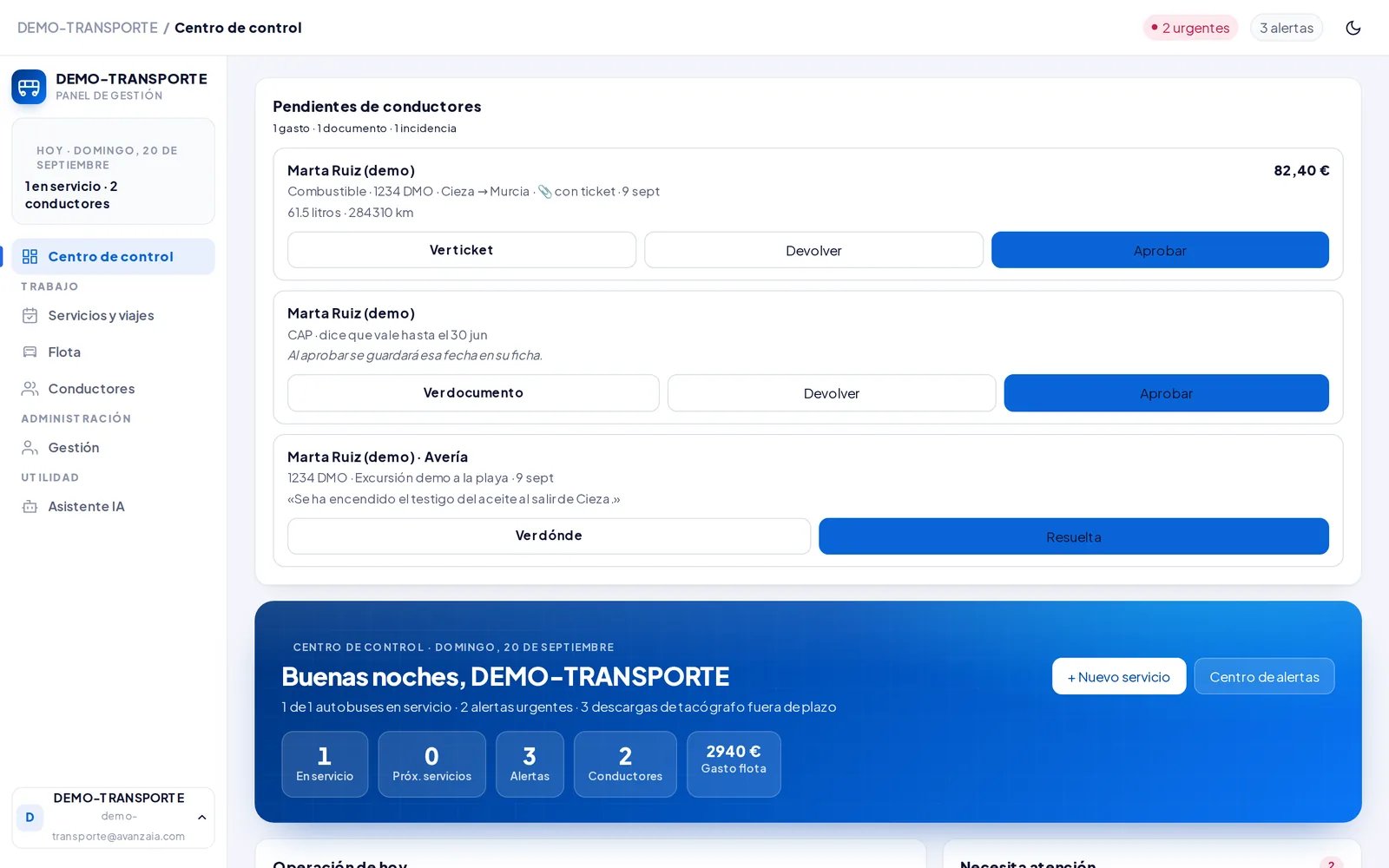 Centro de control de un ERP de transporte con las tareas de los conductores (datos de demostración)
